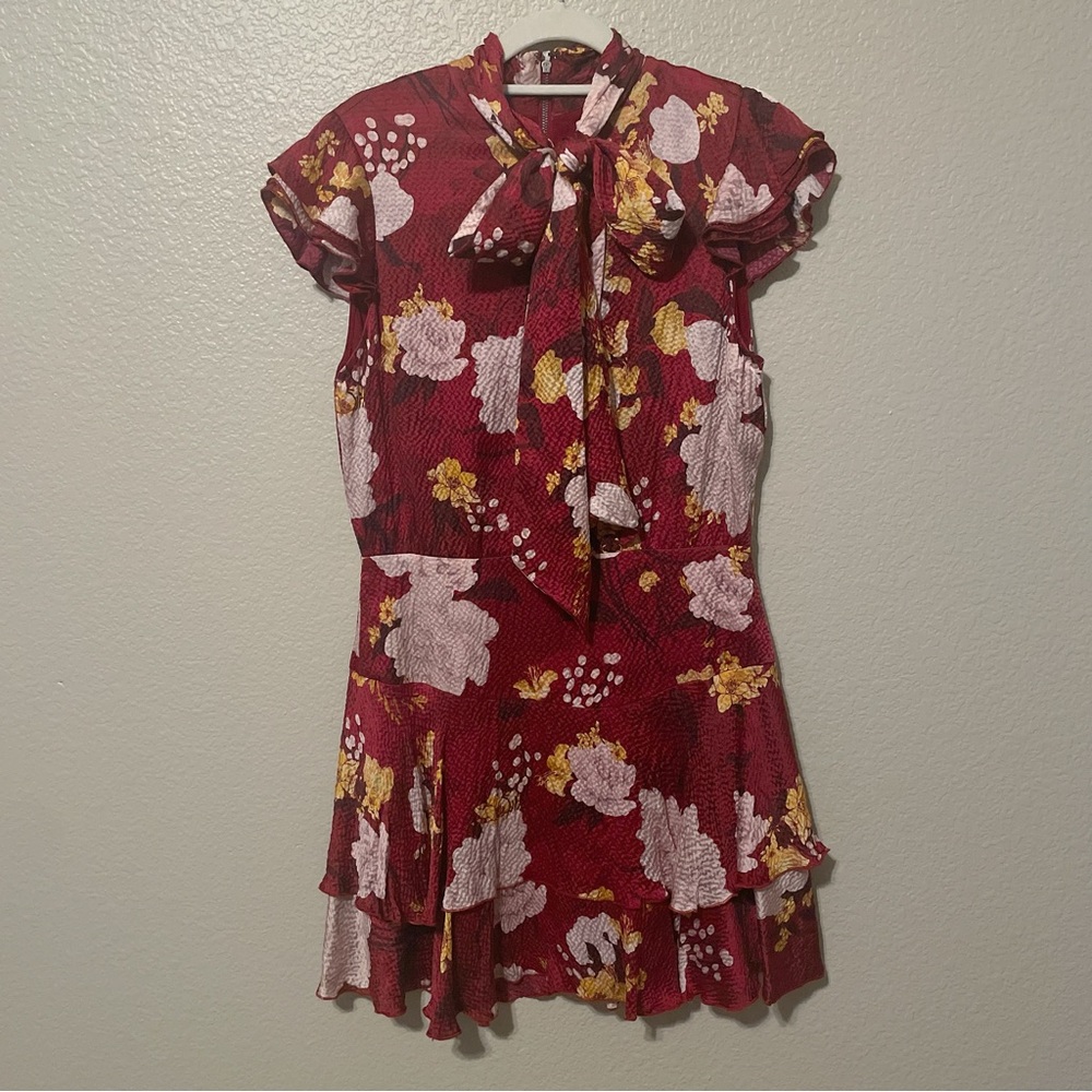 Alice + Olivia Burgundy Floral Mini Dress with White & Mustard Accents - Picture 3 of 8